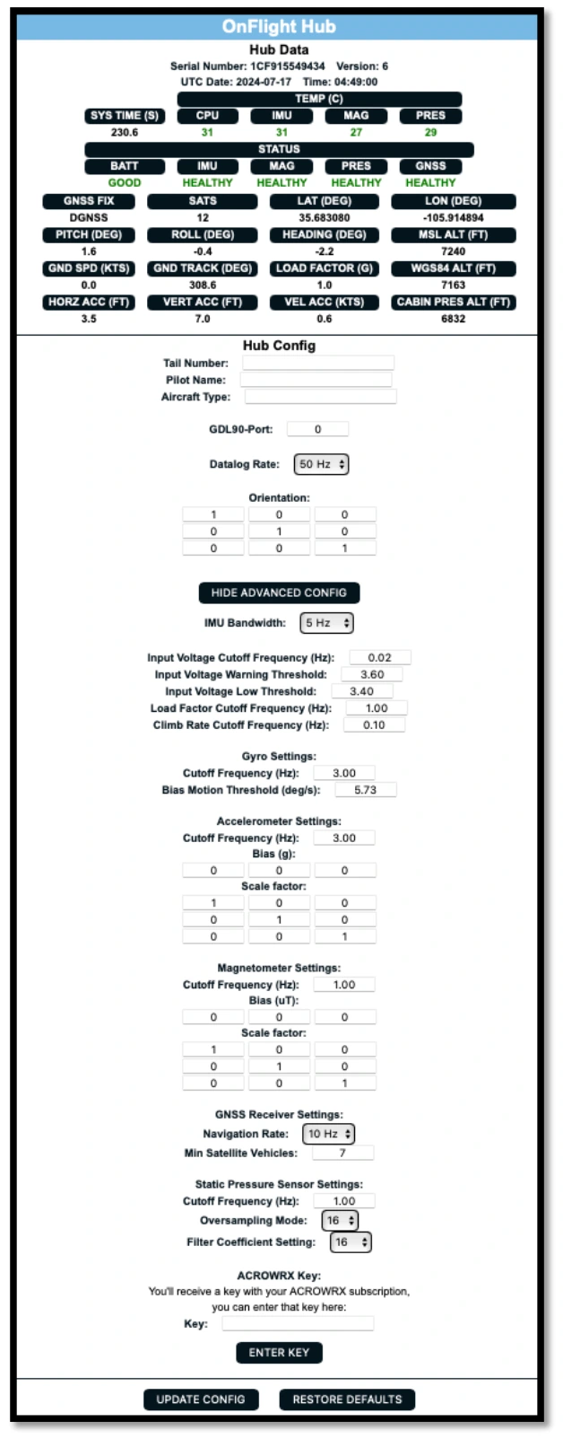 OnFlight Hub configuration webpage showing live sensor data, recording settings, orientation, and advanced sensor settings.