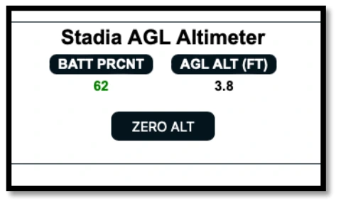 Stadia battery percentage, AGL altitude, and ZERO ALT button on the Configuration webpage.