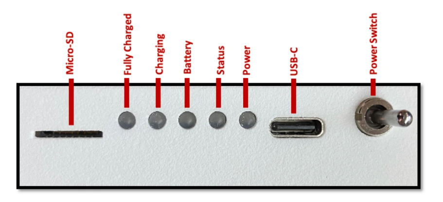 OnFlight Hub+ power switch, USB-C charging port, microSD slot, and status indicators.